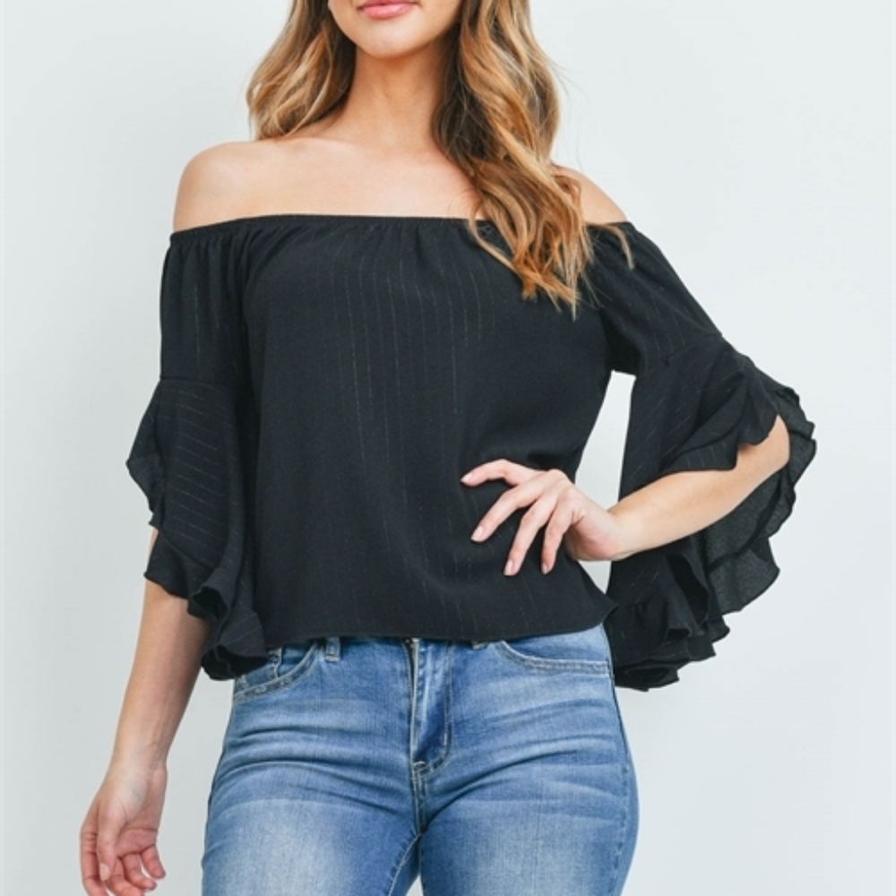 NWT Black Off Shoulder Ruffled Split Bell Sleeve - Picture 3 of 6